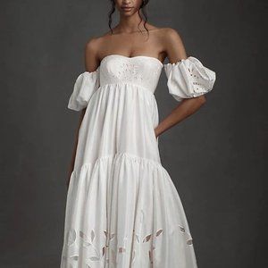 BHLDN Marina Wedding Gown Size 6 Off Shoulder Puffed Sleeve Sample